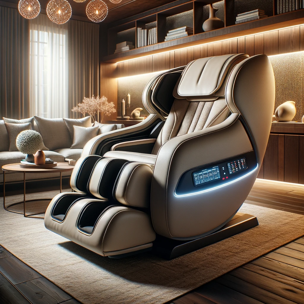 Modern massage chair in a cozy living room setting.