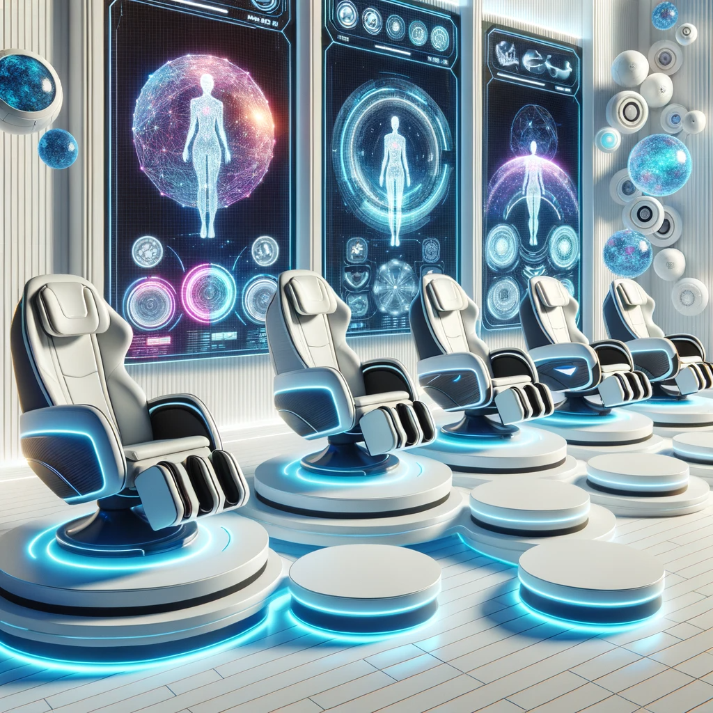 A futuristic showroom bathed in white and neon blue hues. Multiple ergonomic zero gravity massage chairs are on display, each with its distinct design. Floating holographic displays detail the chair's features.