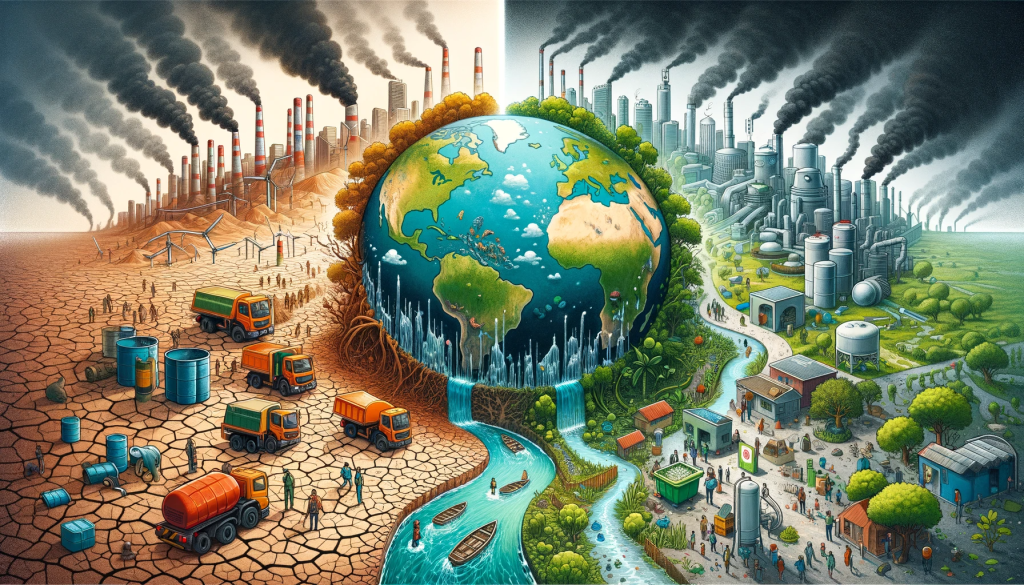 Illustration showing the global wastewater crisis contrasted with local environmental actions.